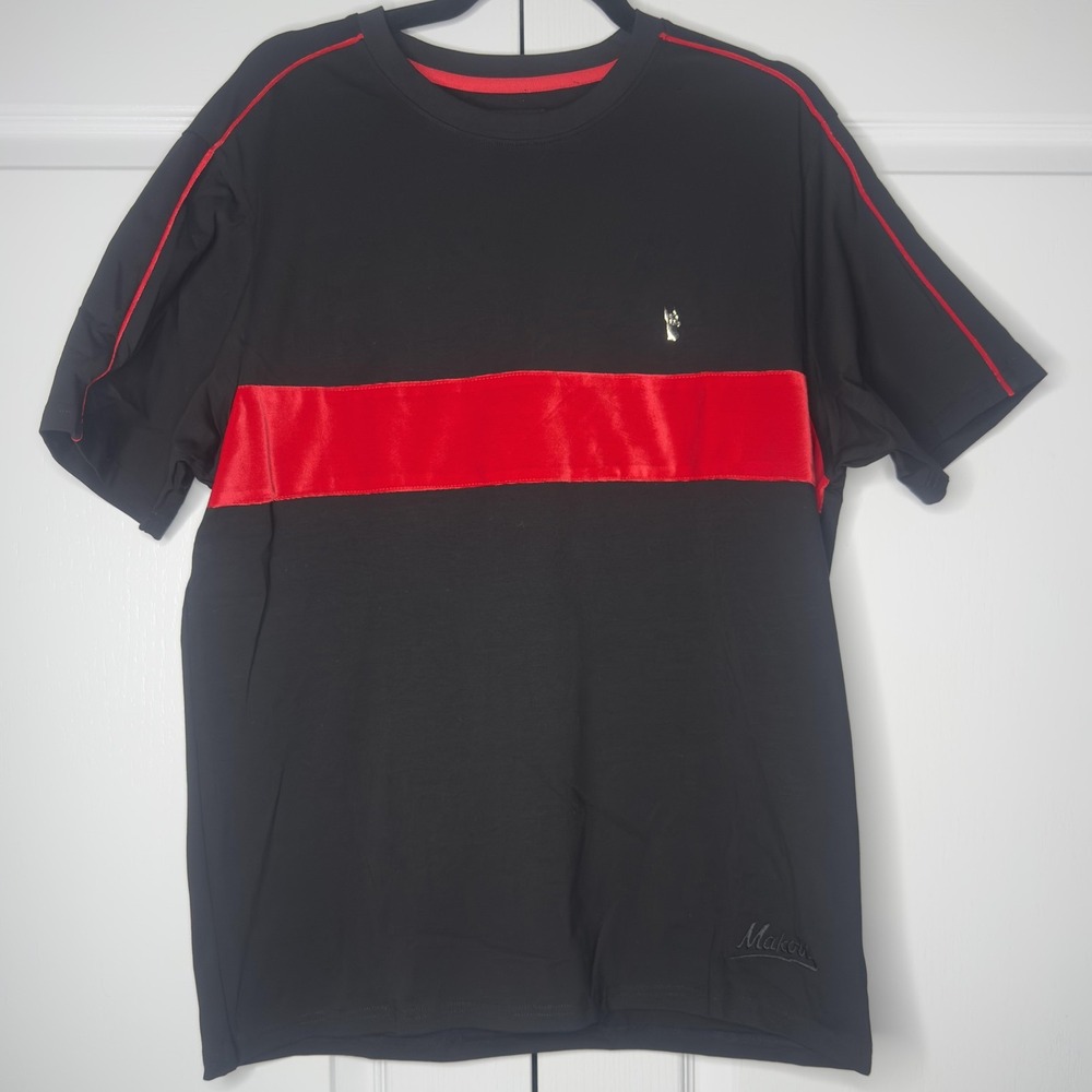 Makobi Shirt Mens Medium Black Red Colorblock Stripe Logo Tee Stretch Crewneck